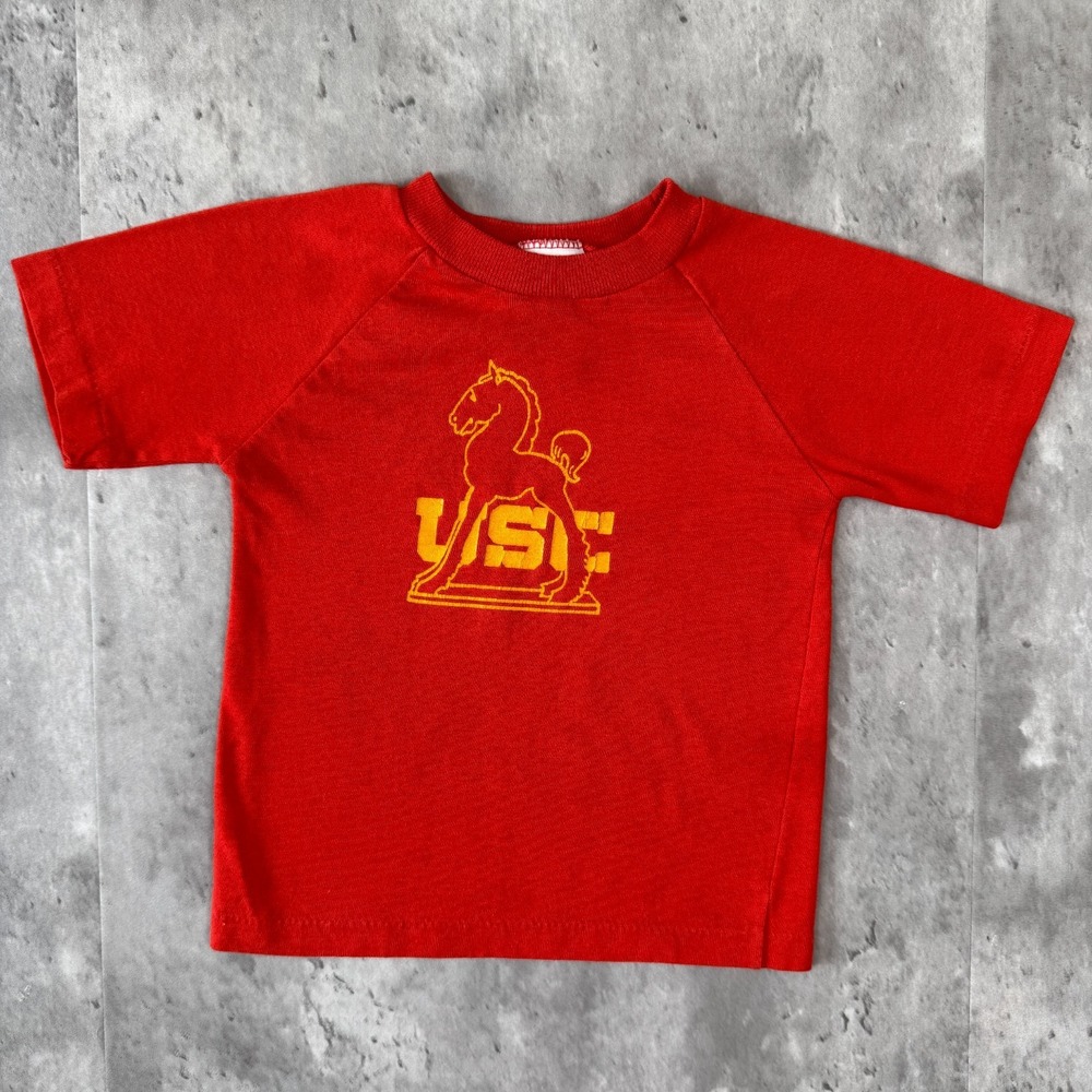 Vintage USC Trojans T-Shirt Toddler 4T Red Yellow Raglan Buster Brown NCAA 70s